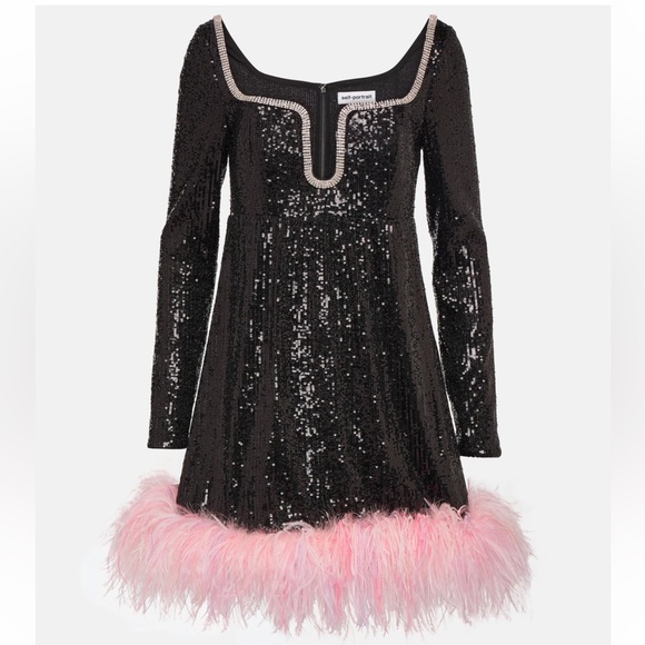 Self-Portrait Dresses & Skirts - NWT Self-Portrait Black Feather-Trim Sequined Mini Dress Black Pink Size 12